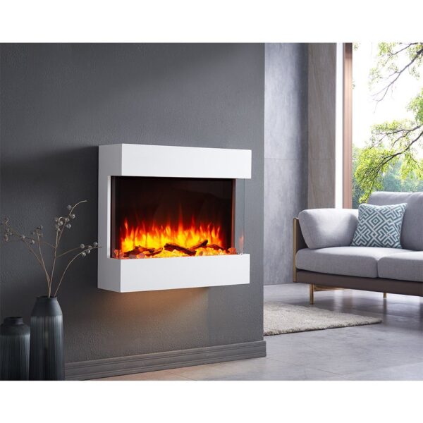 Cheminée Électrique, RICHEN Alva Cheminée Murale Avec Chauffage, Éclairage LED, Effet Flamme 3D Et Télécommande, Blanc-EV